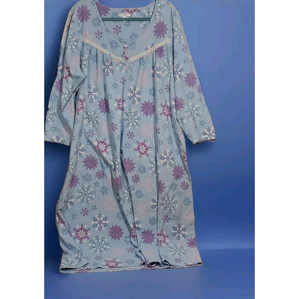 Pink K 3X Blue Flannel Fleece Snowflakes Long Cottagecore Grannycore Nightgown
